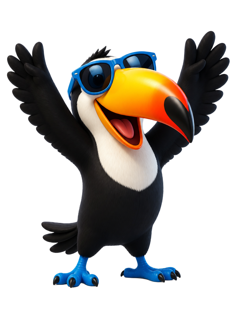 Mascote tucano da CDG Softworks comemorando resultados