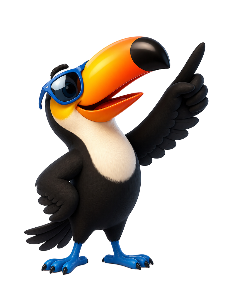 Mascote tucano da CDG Softworks apontando para cima